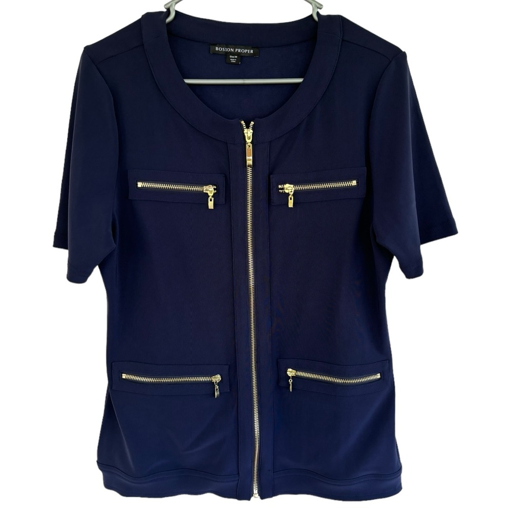 Boston Proper Knit Top Jacket Zipper Front Short Sleeve Blue Gold Zippers Medium